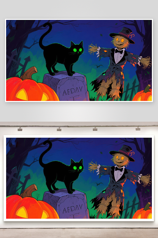 万圣节夜景黑猫与稻草人-众图网