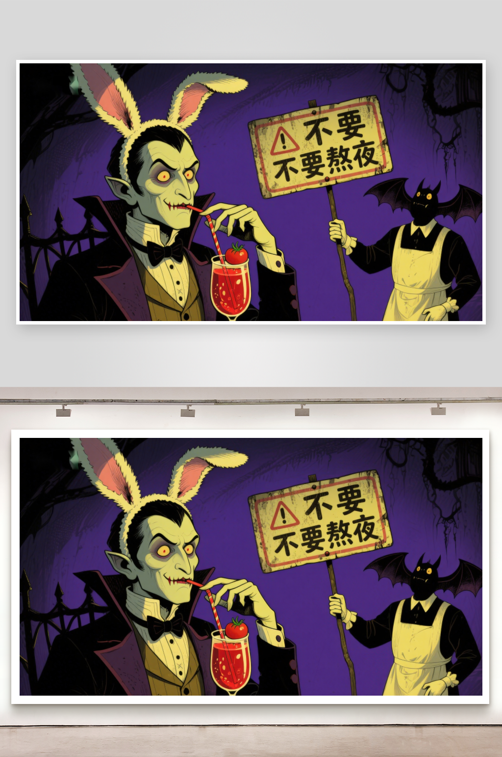 吸血鬼与蝙蝠手持警示牌素材