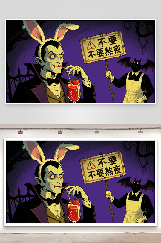 吸血鬼与蝙蝠手持警示牌-众图网