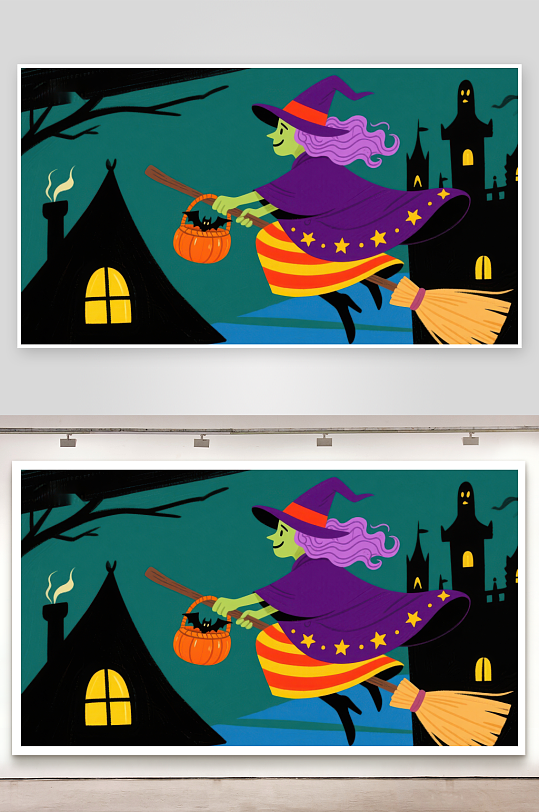 万圣节女巫骑扫帚提南瓜灯-众图网
