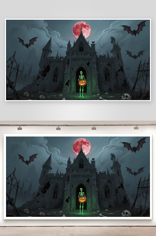 月夜古堡前的发光骷髅-众图网