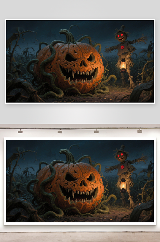 恐怖南瓜与稻草人夜景-众图网