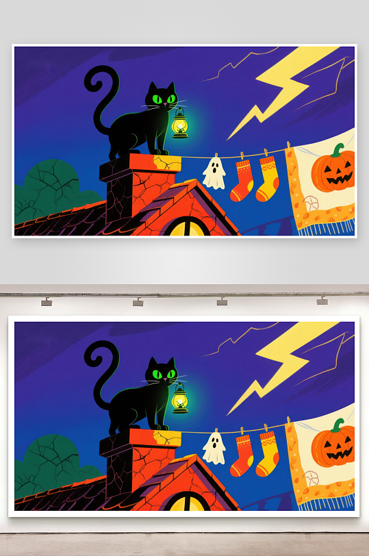 万圣夜屋顶上的黑猫-众图网