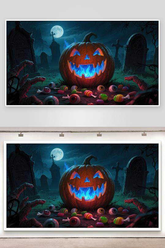 万圣节南瓜灯与墓地夜景-众图网