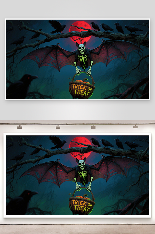 万圣节骷髅蝙蝠手持糖果篮-众图网