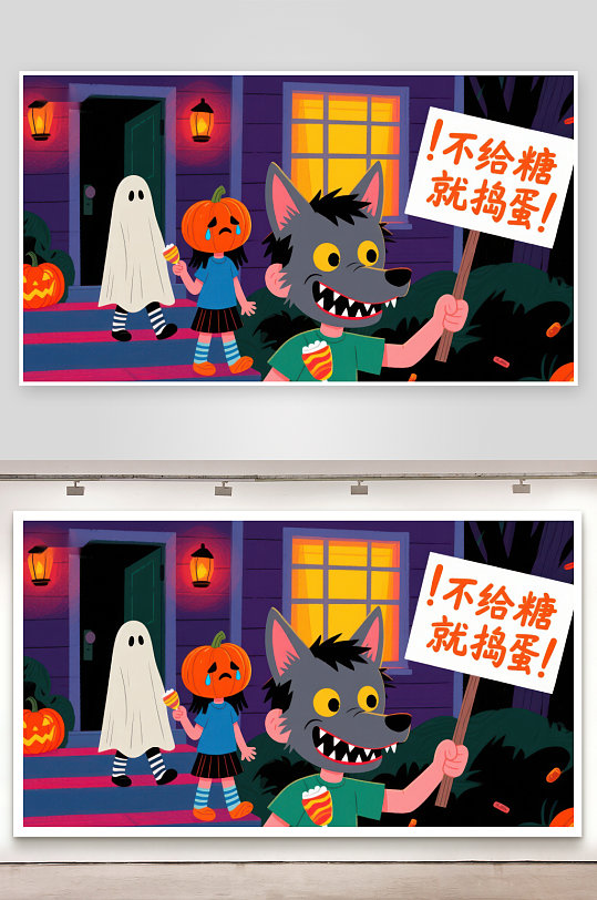 万圣节夜孩子们装扮讨糖-众图网