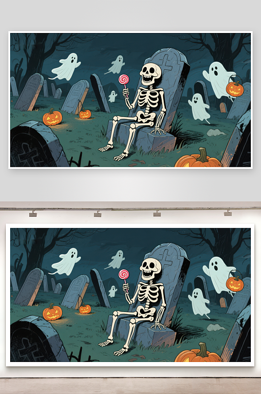 万圣夜墓地骷髅与幽灵-众图网