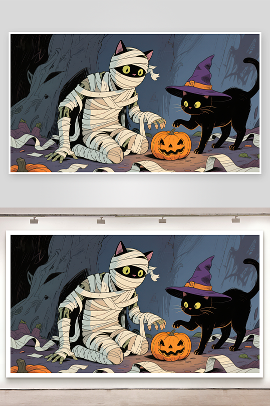 万圣节猫咪装扮木乃伊与巫师-众图网