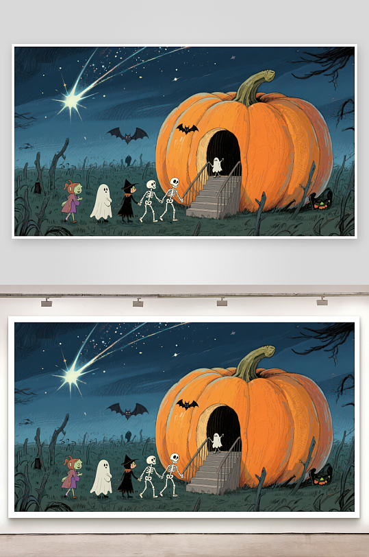 万圣节南瓜屋前的欢乐场景-众图网