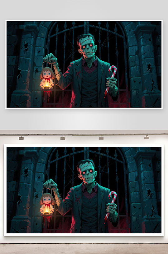 恐怖僵尸手持灯笼与拐杖糖-众图网