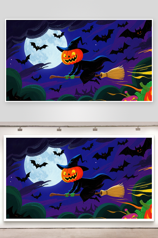 万圣夜巫婆骑扫帚飞过满月-众图网