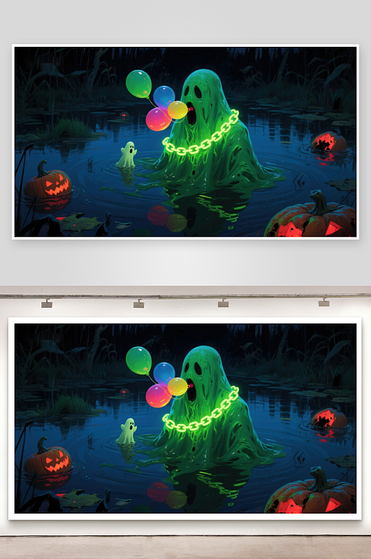 幽灵手持气球夜色沼泽中的万圣节奇景-众图网