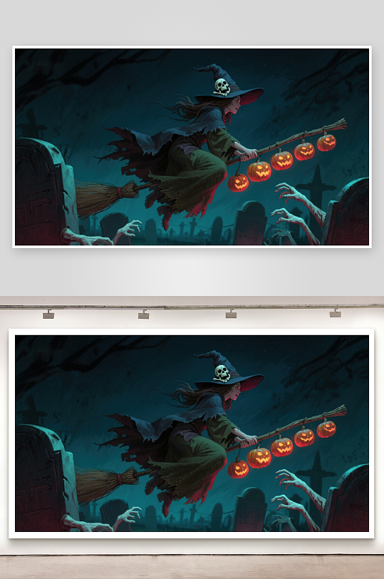 夜空中的女巫与南瓜灯-众图网