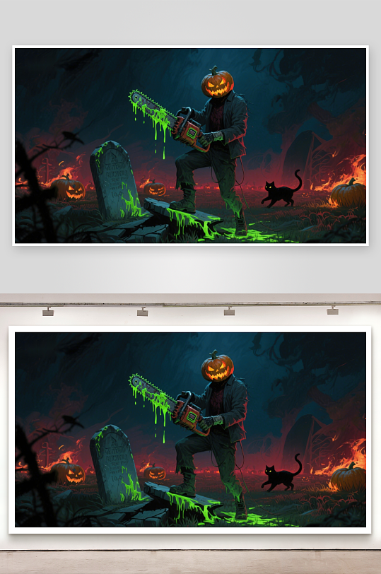 南瓜头人手持电锯在墓地-众图网