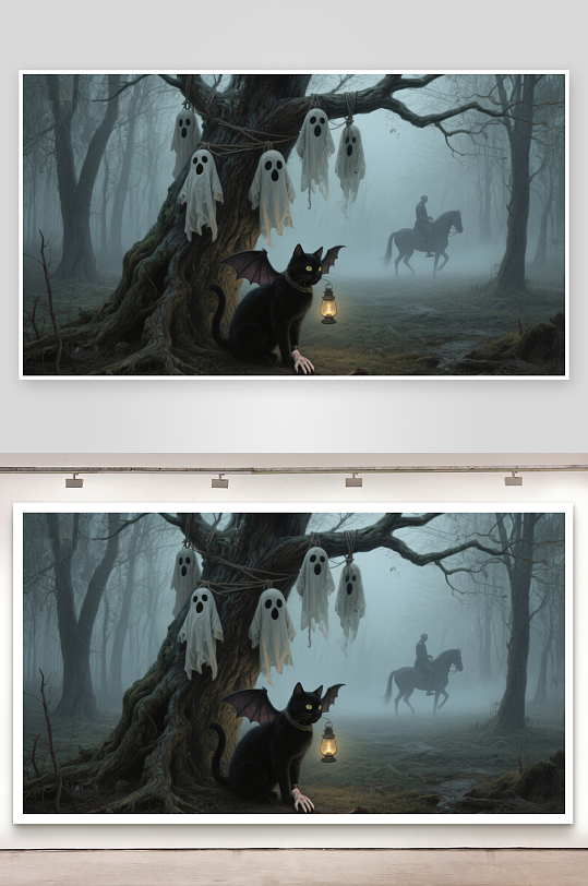 幽灵森林中的黑猫与骑马人-众图网