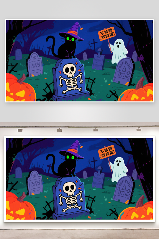 万圣节墓地场景黑猫与幽灵-众图网