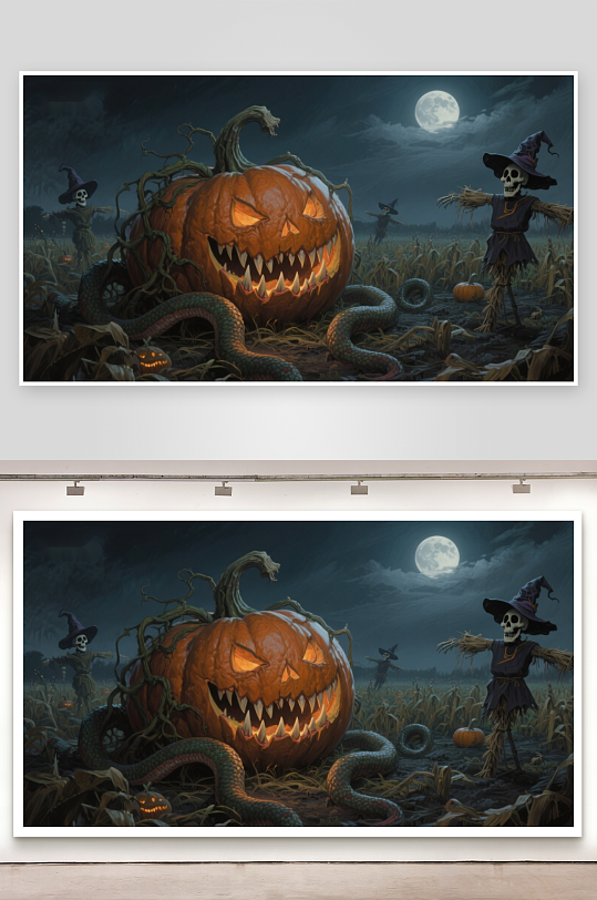 万圣节南瓜与骷髅稻草人夜景-众图网