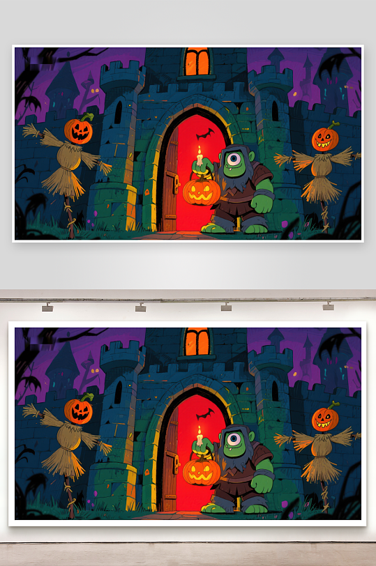 万圣节城堡前的南瓜灯与怪物-众图网