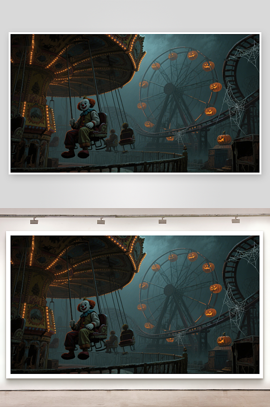 夜幕下的游乐园小丑与摩天轮-众图网