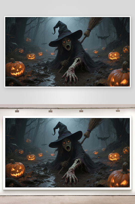 恐怖巫婆在南瓜灯环绕的森林中-众图网