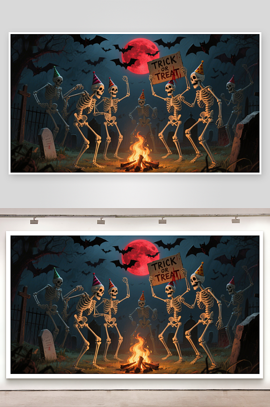 骷髅舞动篝火旁万圣夜狂欢-众图网