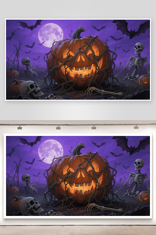 万圣节南瓜灯与骷髅的神秘夜景-众图网