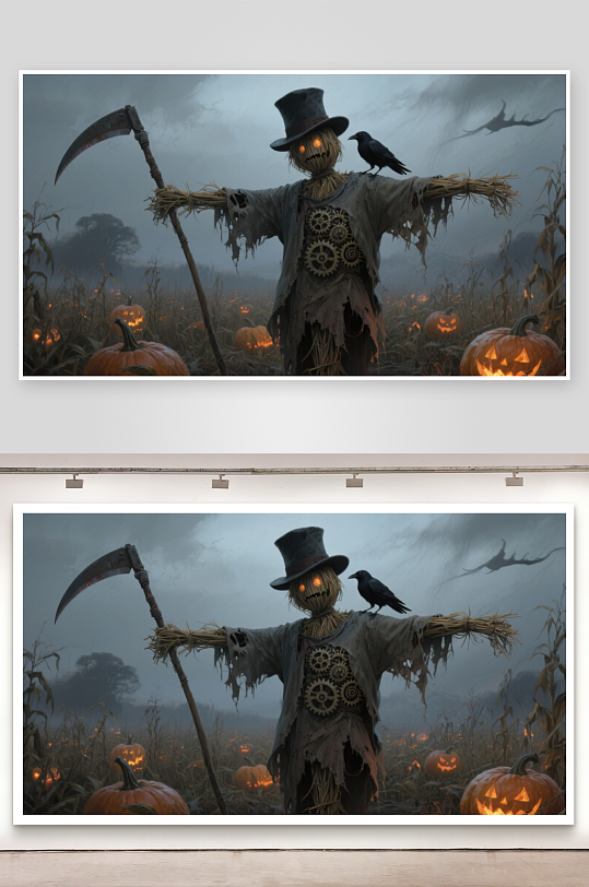 机械稻草人与南瓜灯的神秘夜景-众图网