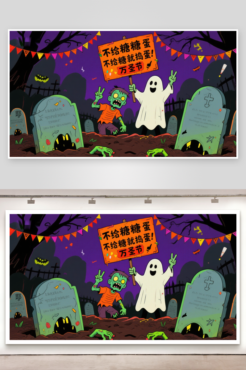 万圣节僵尸与幽灵的欢乐场景素材