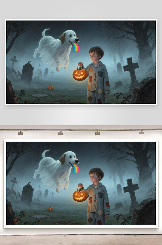 小男孩与幽灵狗在墓地的万圣夜-众图网
