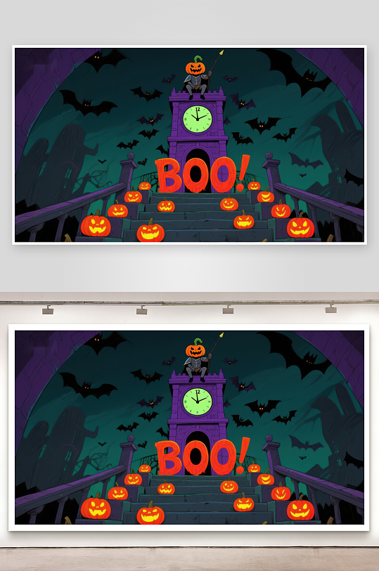 万圣节夜景钟楼与南瓜灯-众图网