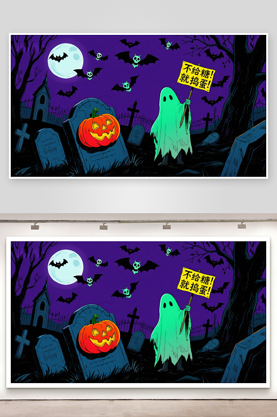万圣节夜景幽灵持牌南瓜灯闪烁-众图网