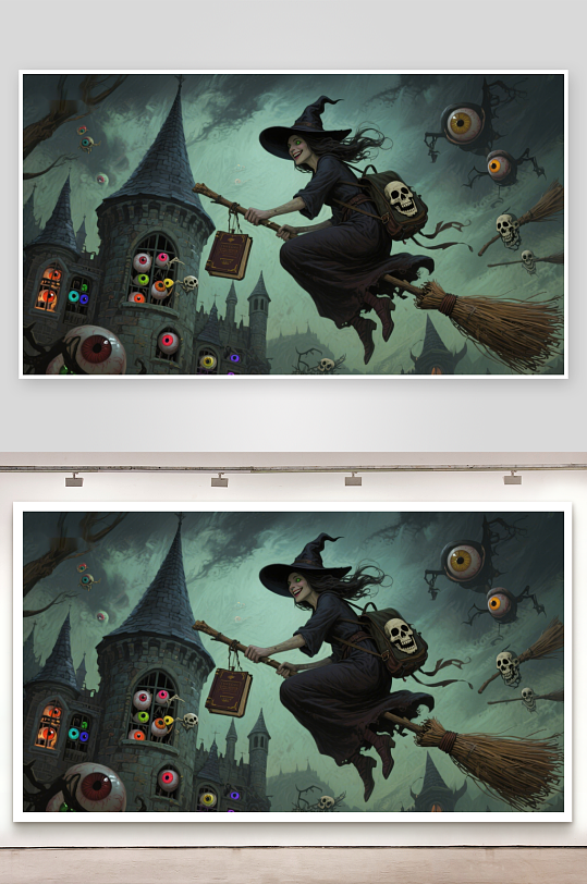 女巫夜空飞行城堡背景奇幻场景-众图网