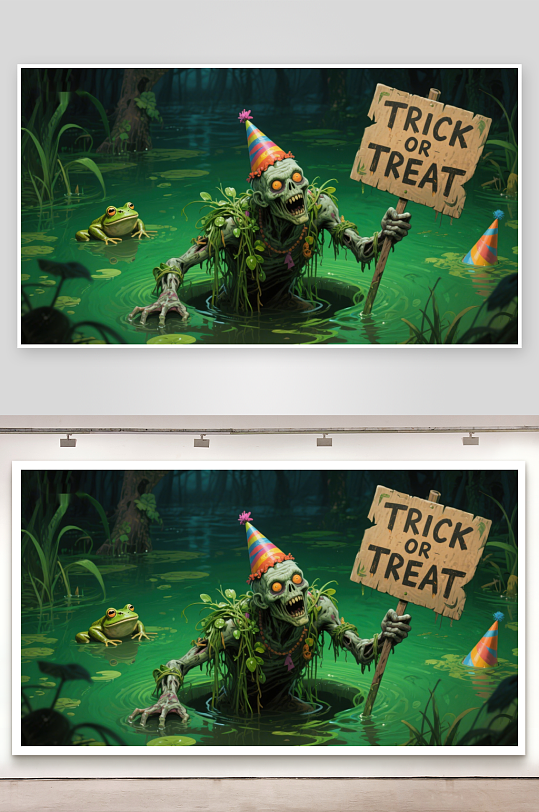 沼泽僵尸手持不给糖就捣蛋牌子-众图网