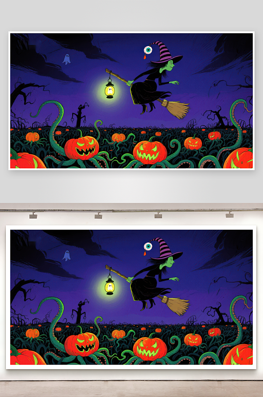 万圣夜巫婆骑扫帚飞过南瓜地-众图网