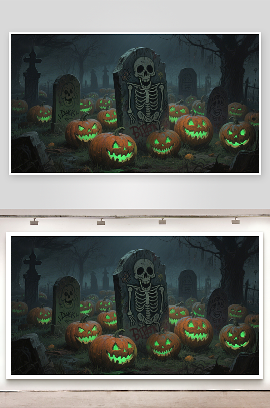 万圣节墓地南瓜灯与骷髅墓碑-众图网
