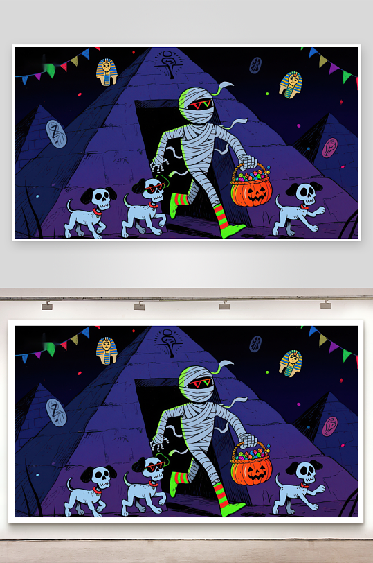 万圣节木乃伊与骷髅狗的夜行-众图网