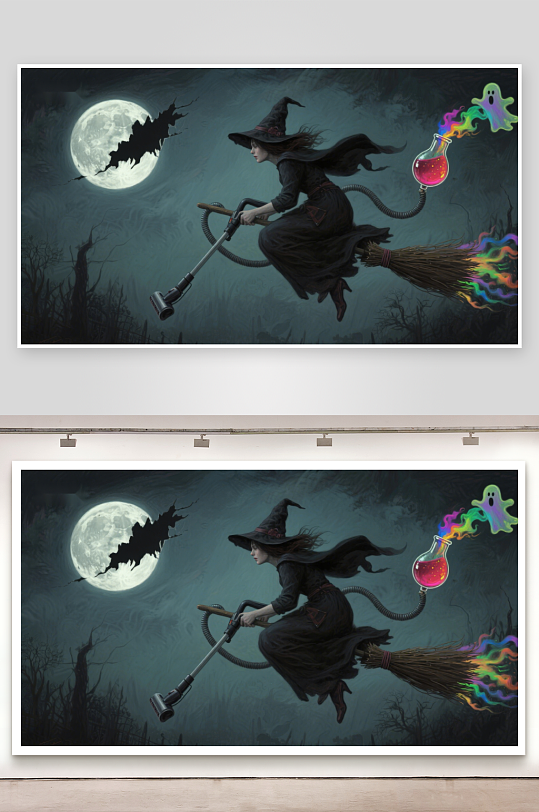 巫女夜空飞行魔法扫帚与彩虹烟雾-众图网