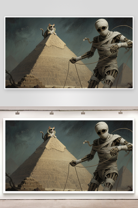 木乃伊牵引绳索猫坐金字塔顶-众图网