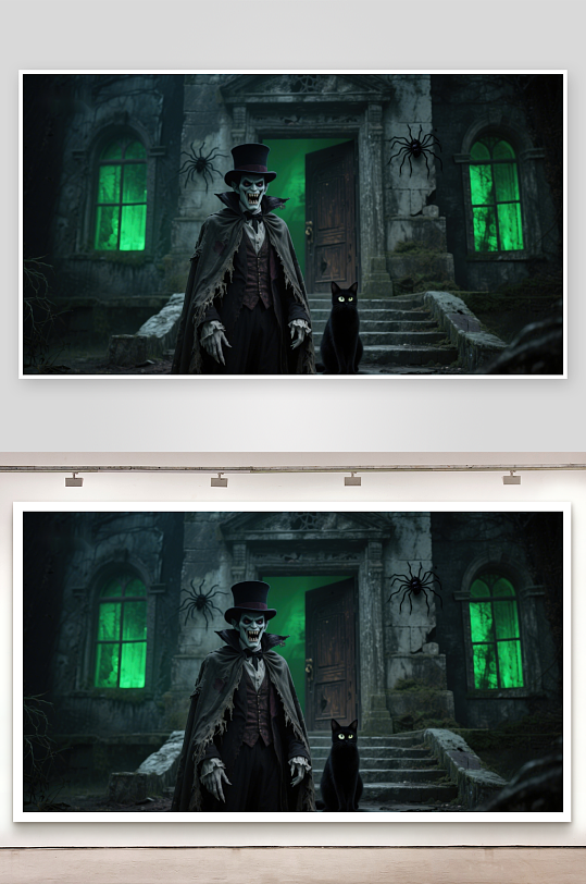 幽灵般人物在神秘绿光古宅前-众图网