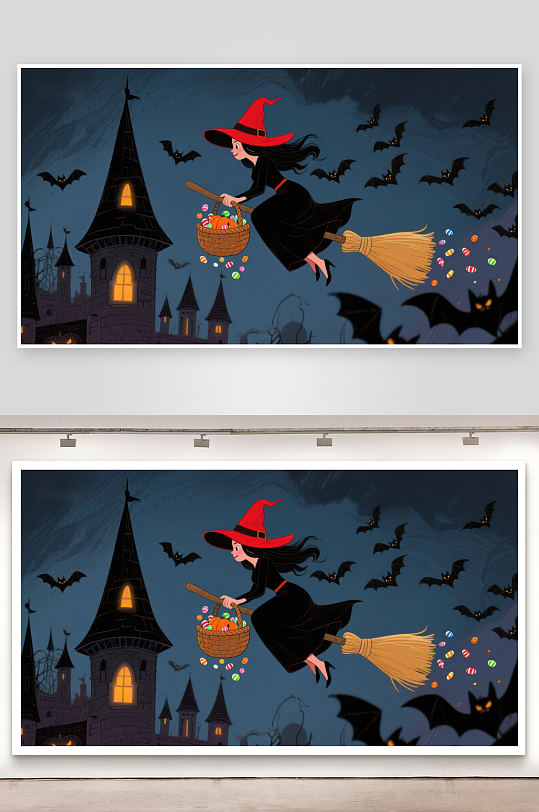 女巫夜空飞行城堡与蝙蝠环绕-众图网