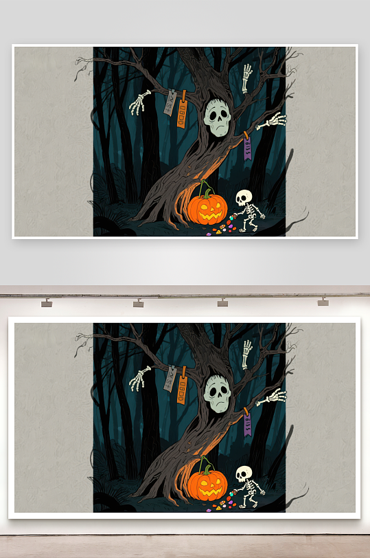 万圣节森林中的骷髅与南瓜灯-众图网