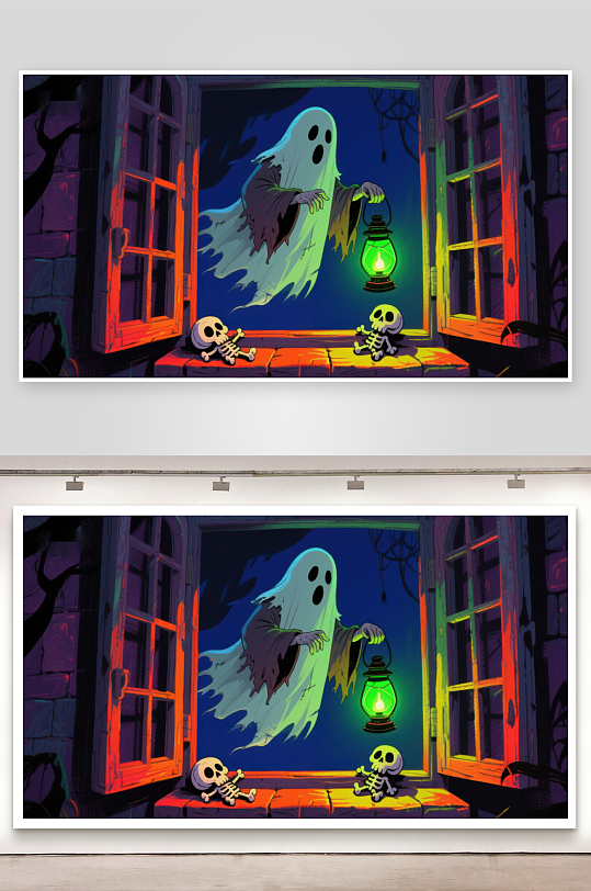 幽灵手持灯笼照亮窗台骷髅-众图网