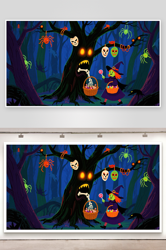 万圣节森林中的小女巫与魔法树-众图网