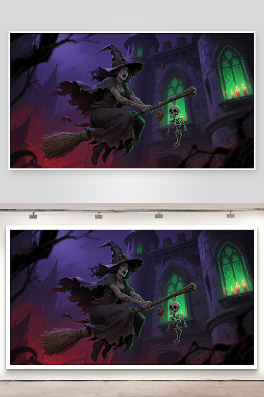 女巫骑扫帚夜行古堡前-众图网