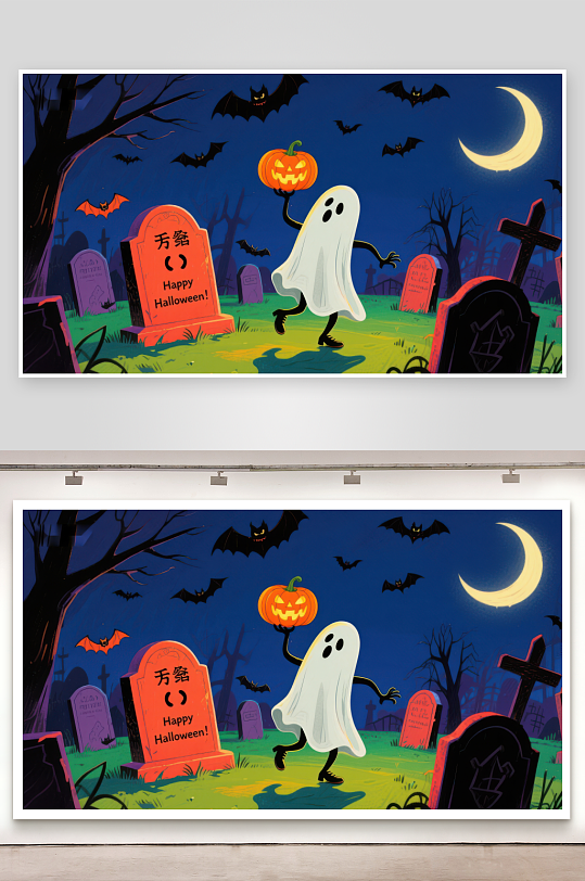 万圣节幽灵手捧南瓜灯在墓地欢庆-众图网