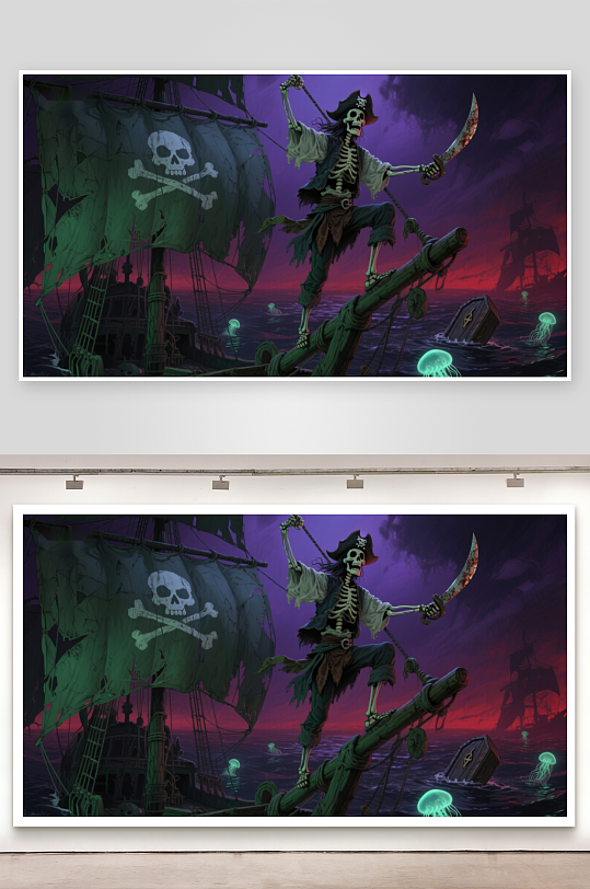 骷髅海盗挥剑于幽灵船头-众图网