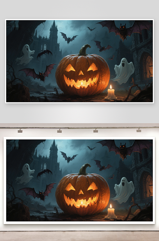 万圣节夜景南瓜灯与幽灵蝙蝠-众图网