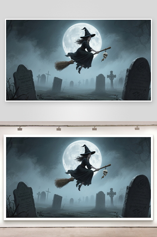 月夜墓地女巫骑扫帚飞翔-众图网