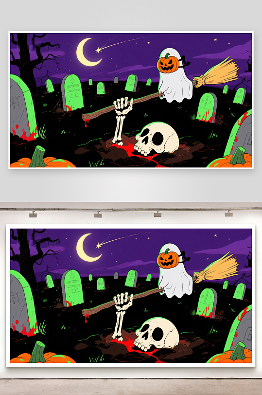 万圣节墓地幽灵与骷髅的奇幻夜-众图网