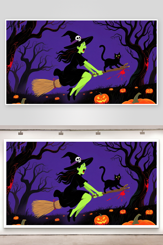 万圣夜巫女骑扫帚与黑猫-众图网